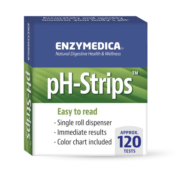 Box of Enzymedica pH-Strips with details about the product being easy to read, having a single roll dispenser, providing immediate results, and including a color chart with 120 tests.