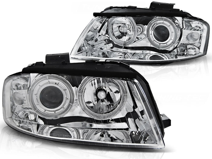 Phares Angel Eyes chromés compatibles avec Audi A3 8P 05.03-03.08