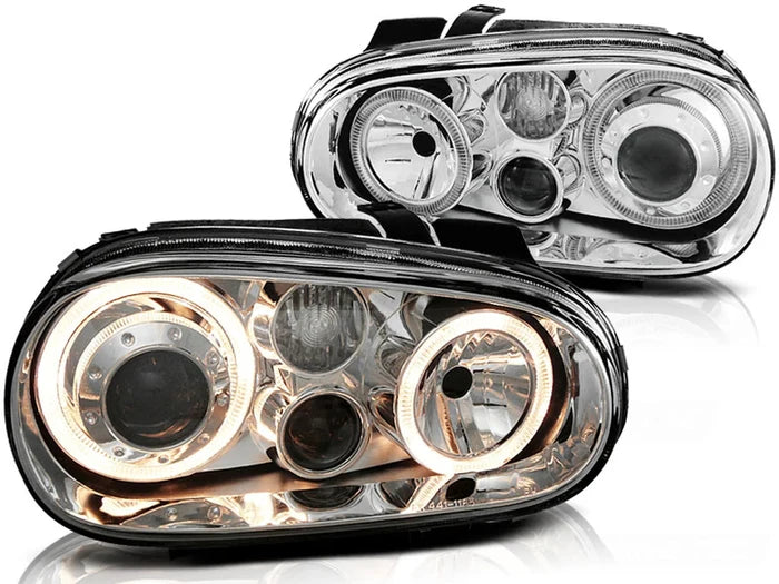 Phares Angel Eyes chromés compatibles avec VW Golf 4 09.97-09.03