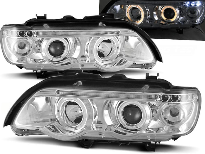 Phares Angel Eyes chromés compatibles BMW X5 E53 09.99-10.03