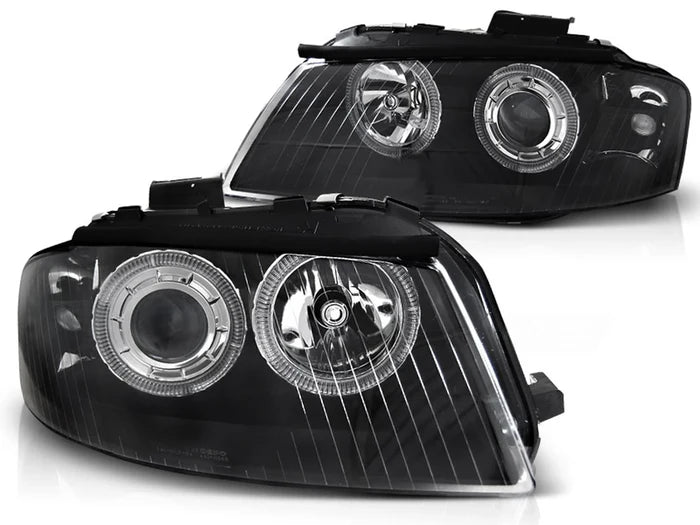 Phares Angel Eyes noirs compatibles avec Audi A3 8P 05.03-03.08