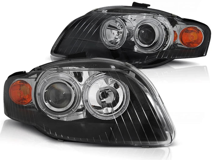 Phares Angel Eyes noirs compatibles avec Audi A4 B7 11.04-03.08