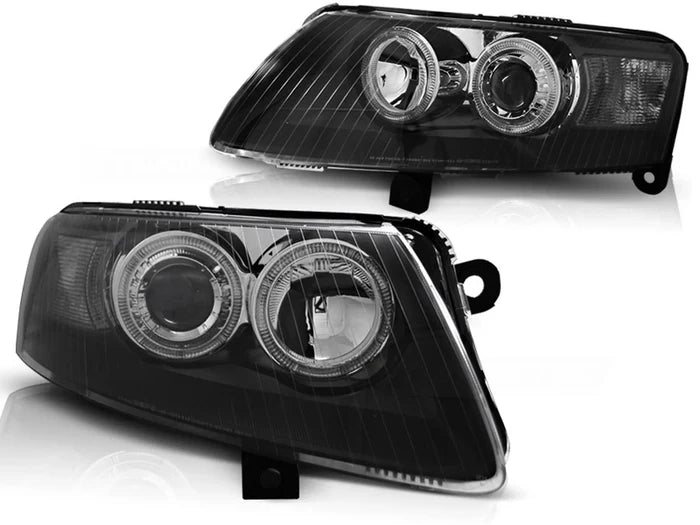 Phares Angel Eyes noirs compatibles avec Audi A6 C6 04.04-08