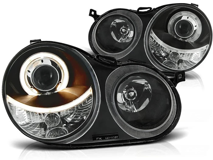 Phares Angel Eyes noirs compatibles avec VW Polo 9N 11.01-04.05