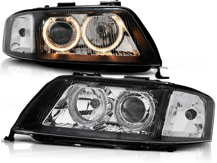 Phares au xénon Angel Eyes noirs compatibles avec Audi A6 05.97-09.99