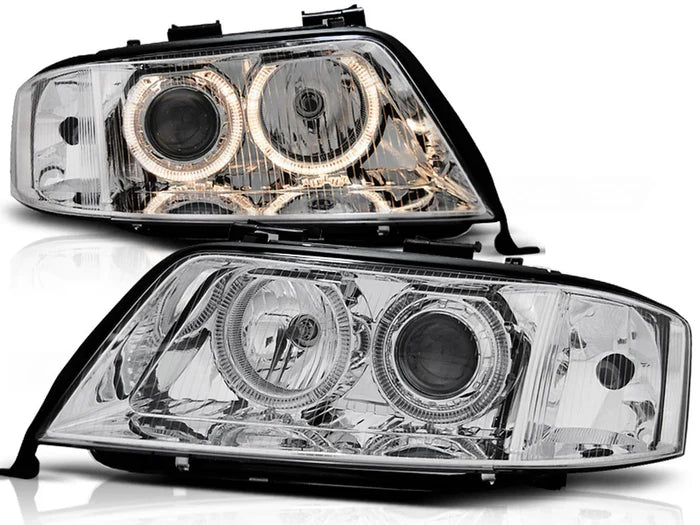 Phares au xénon avec feux de jour chromés (Angel Eyes) compatibles avec Audi A6 (05.97-09.99)