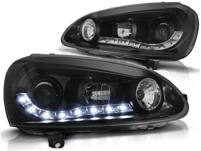 Phares avant noirs à éclairage diurne compatibles avec VW Golf 5