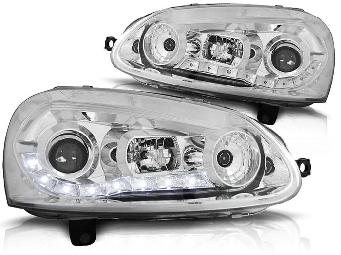 Phares chromés à feux de jour compatibles avec VW Golf 5