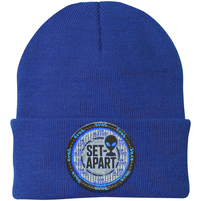 Qadosh Set-Apart Acrylic Cuffed Beanie by TRP. Features a blue "I Am Blessed" Jeremiah 17:7 patch on a royal blue knit beanie for the Holy Remnant.