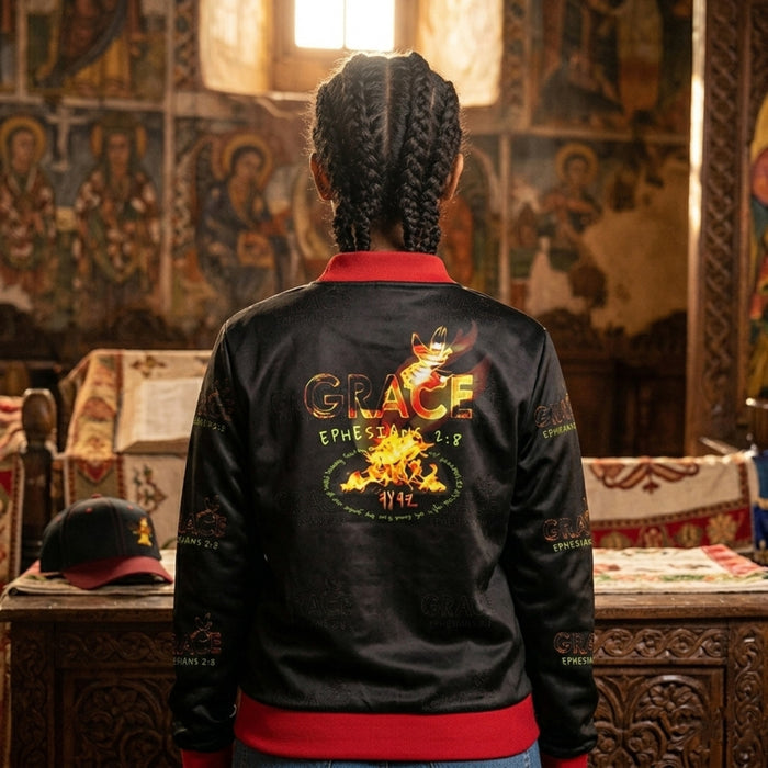 Saved By Grace: Through Faith, Not Works | Women's Bomber Jacket