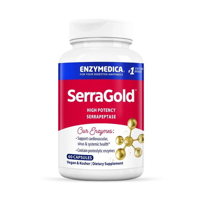 A bottle of Enzymedica SerraGold high potency serrapeptase capsules.