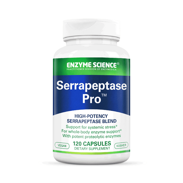 A bottle of Serrapeptase Pro dietary supplement with 120 capsules, branded by Enzyme Science.