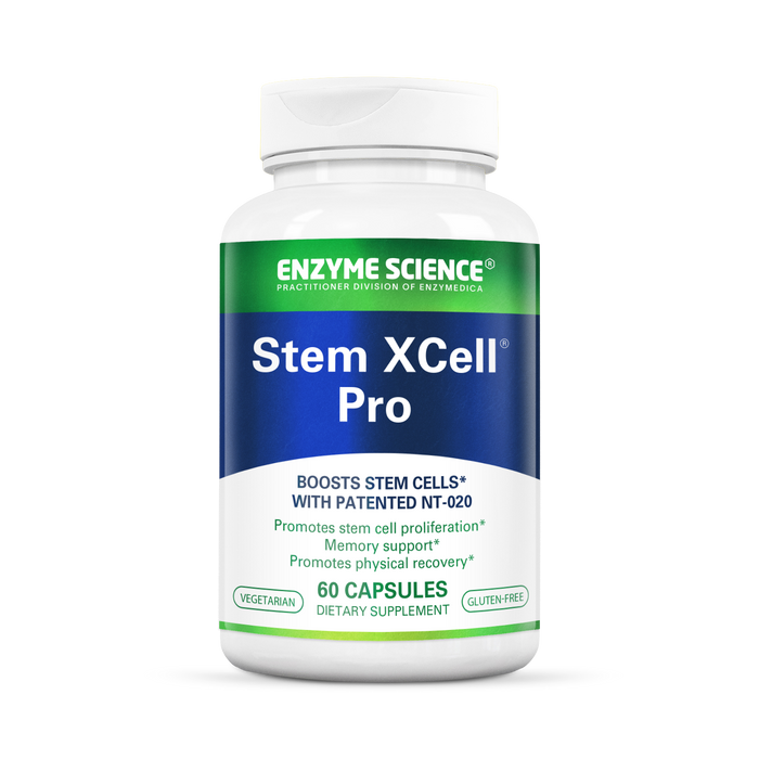 A bottle of Stem XCell Pro dietary supplement by Enzyme Science, with 60 capsules inside, designed to boost stem cells and support various functions.