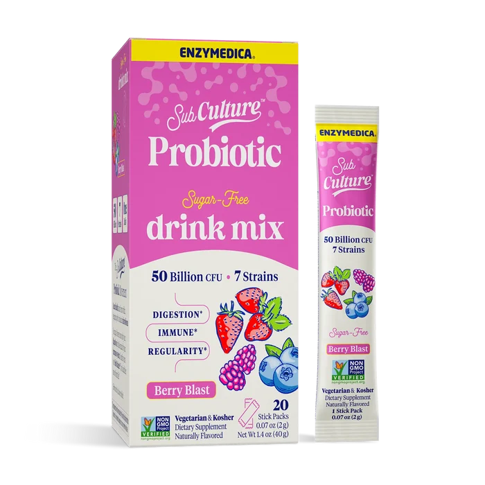 Enzymedica Sub Culture Probiotic drink mix packaging with a pink box and white stick pack on a white background.