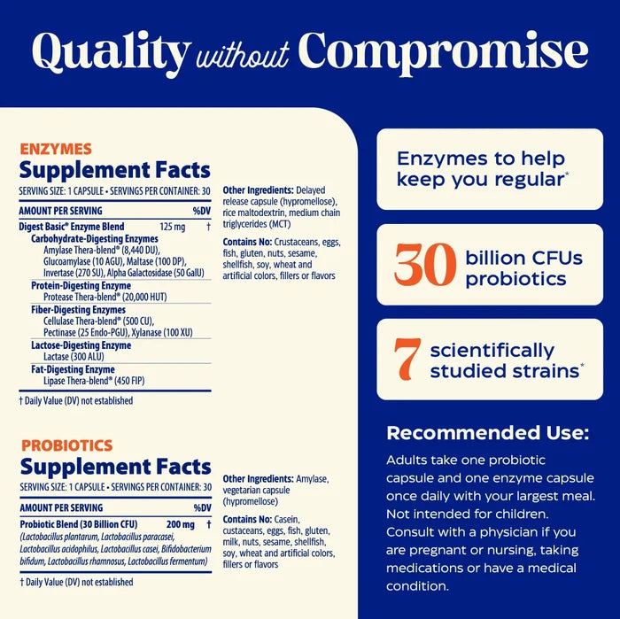 Supplement facts and product details for enzymes and probiotics with 'Quality without Compromise' branding.
