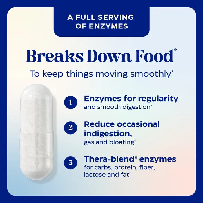 Capsule with text about enzymes on a blue and white background