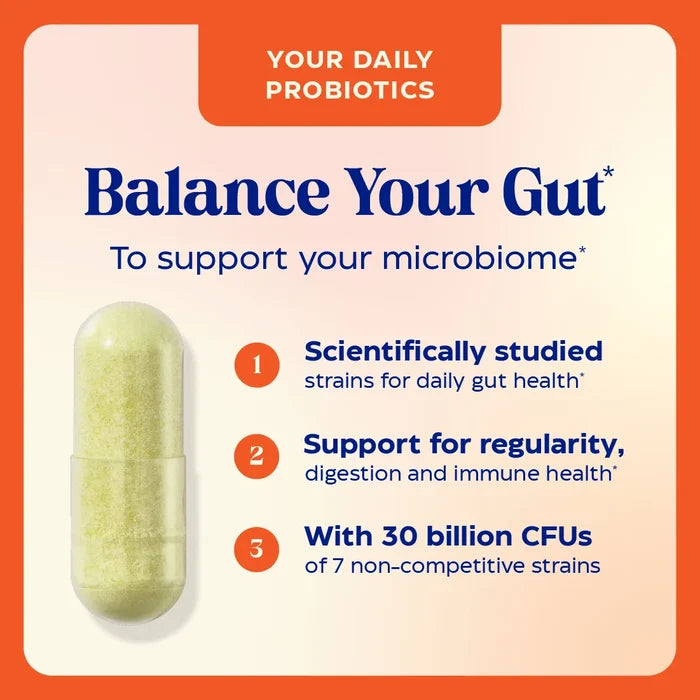 Probiotic supplement capsule with promotional text on an orange and beige background