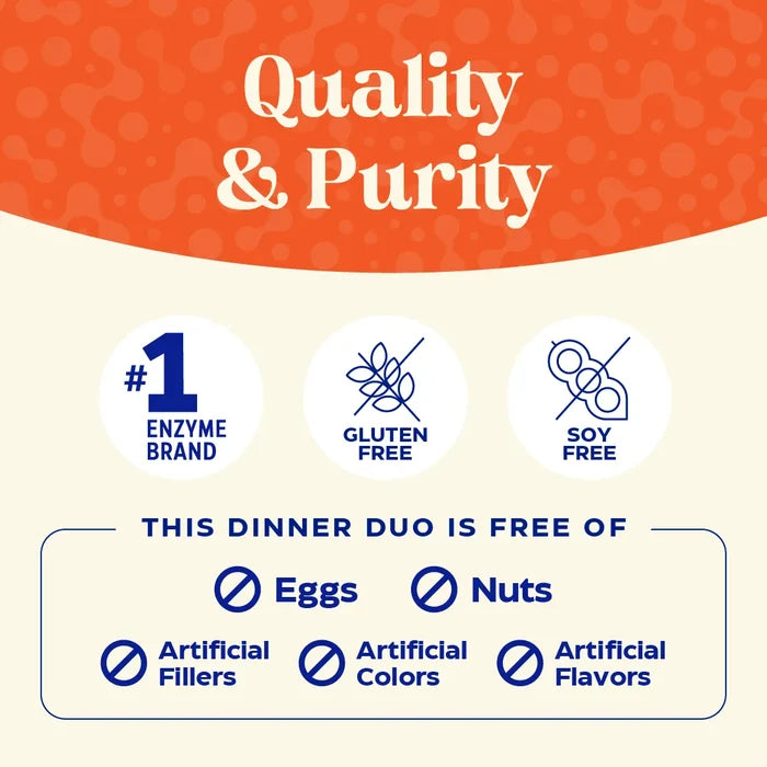 Product label emphasizing quality, purity, enzyme brand, gluten-free, soy-free, and allergen-free attributes on a red and beige background.