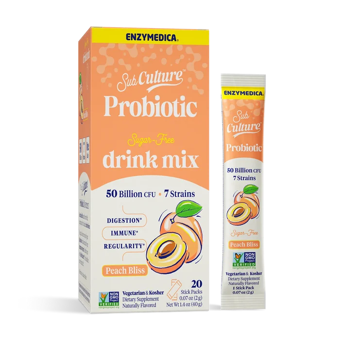 Enzymedica Sub Culture Probiotic drink mix packaging with peach flavor on a white background