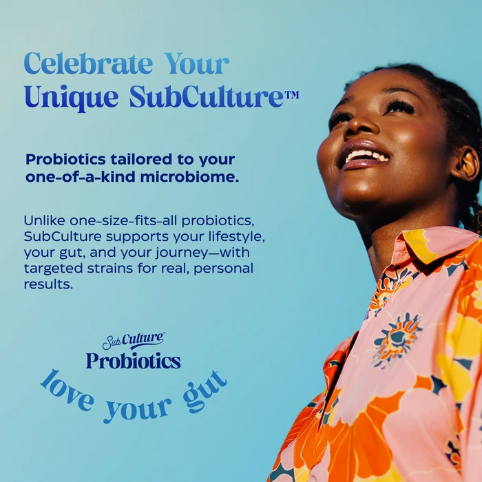 Advertisement for SubCulture Probiotics with a woman against a blue background