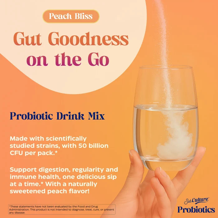 Probiotic drink mix packaging with a glass of water and peach flavor text on an orange background