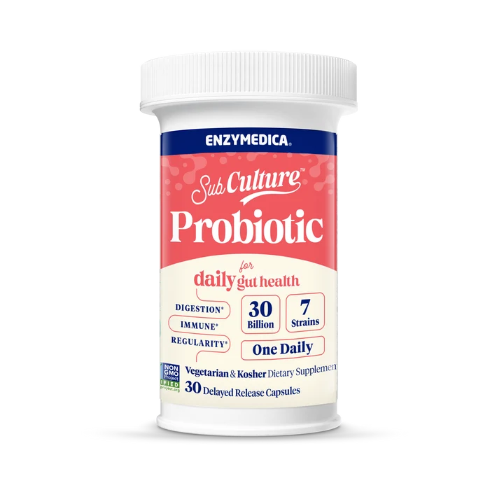 Enzymedica Probiotic supplement container on a white background subculture probiotic for daily gut health that holds 30 delayed release capsules