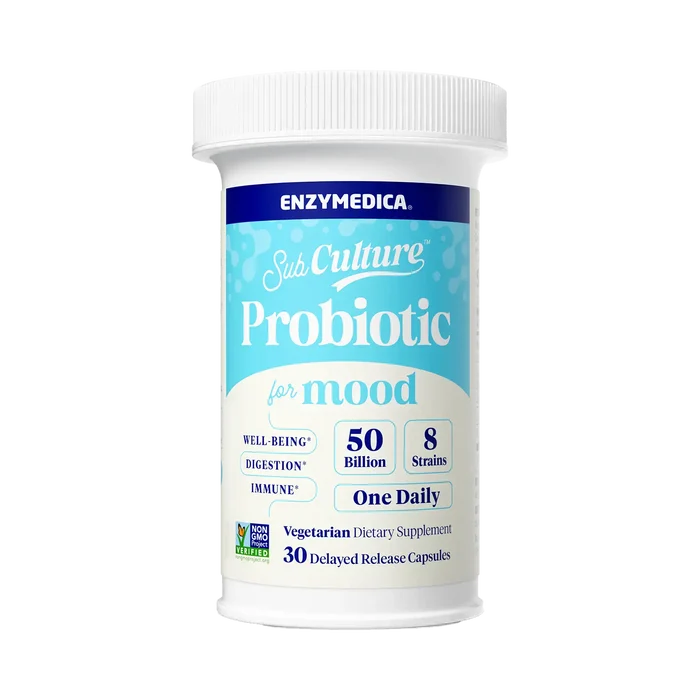 A bottle of Enzymedica Subculture Probiotic for mood with label detailing the product as a dietary supplement for digestion and immune health, with 50 billion CFU, 8 strains, and 30 capsules.