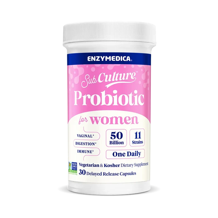 A bottle of Enzymedica Sub Culture Probiotic for Women with pink and blue label, indicating 50 billion CFU, 11 strains, and one daily dosage.