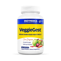 A bottle of VeggieGest dietary supplement by Enzymedica, with a label showing various fruits and vegetables indicating its use for breaking down vegetable-heavy meals.